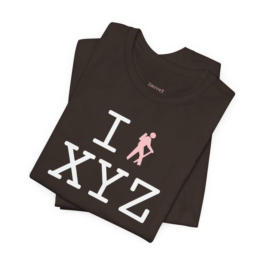 I Hike unisex T, pink hiker