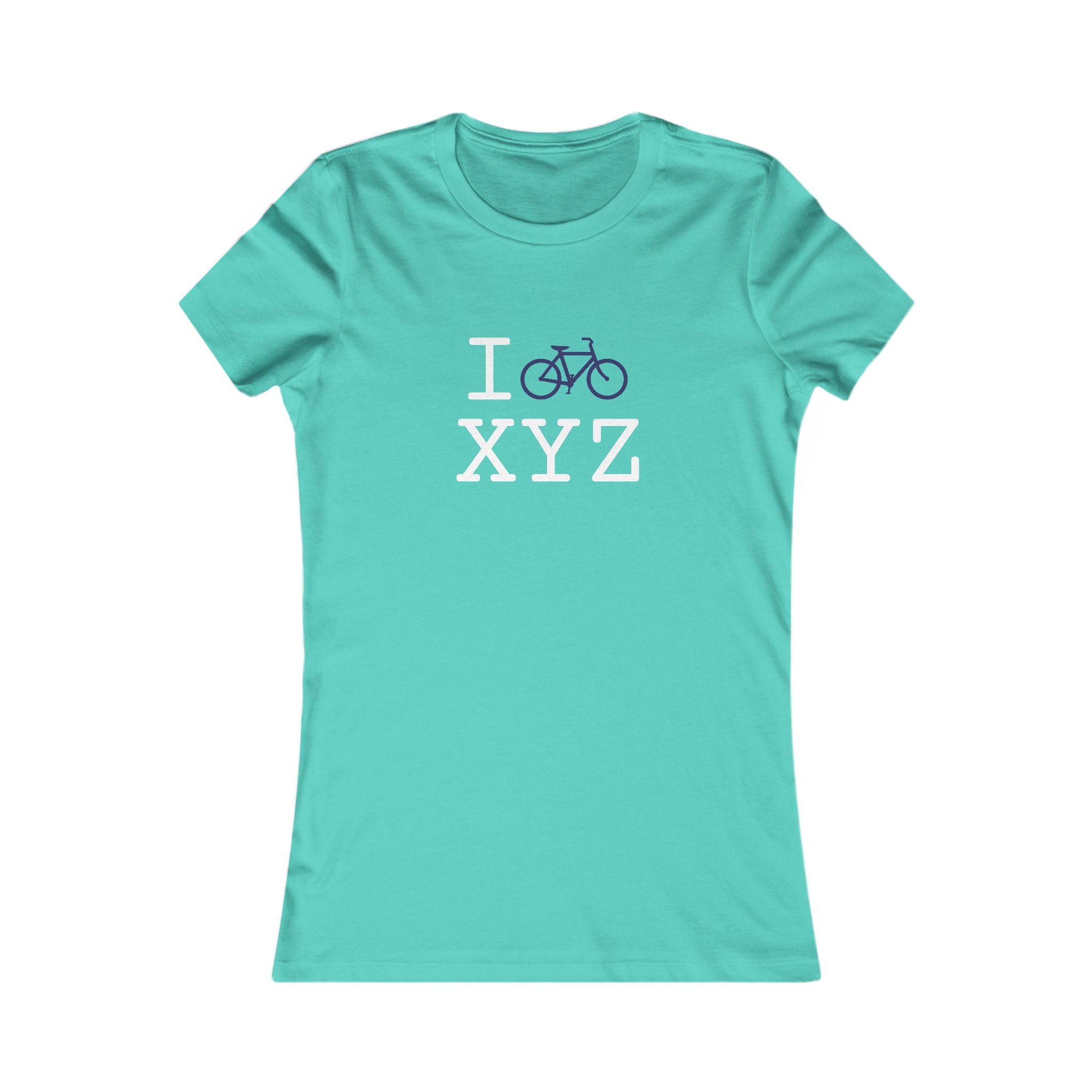 "I Bike ___" women's T, navy bike