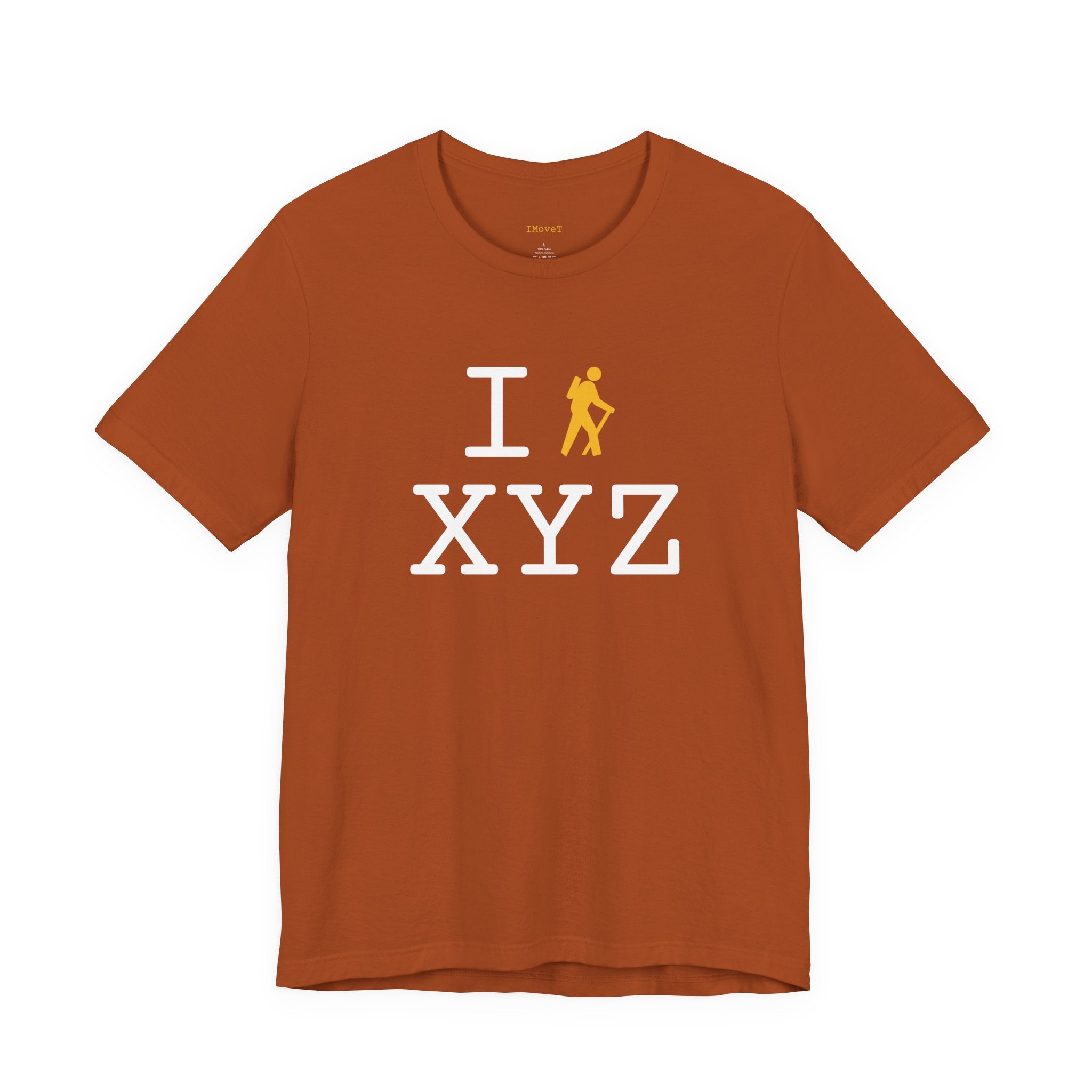 I Hike ___ unisex T, yellow hiker