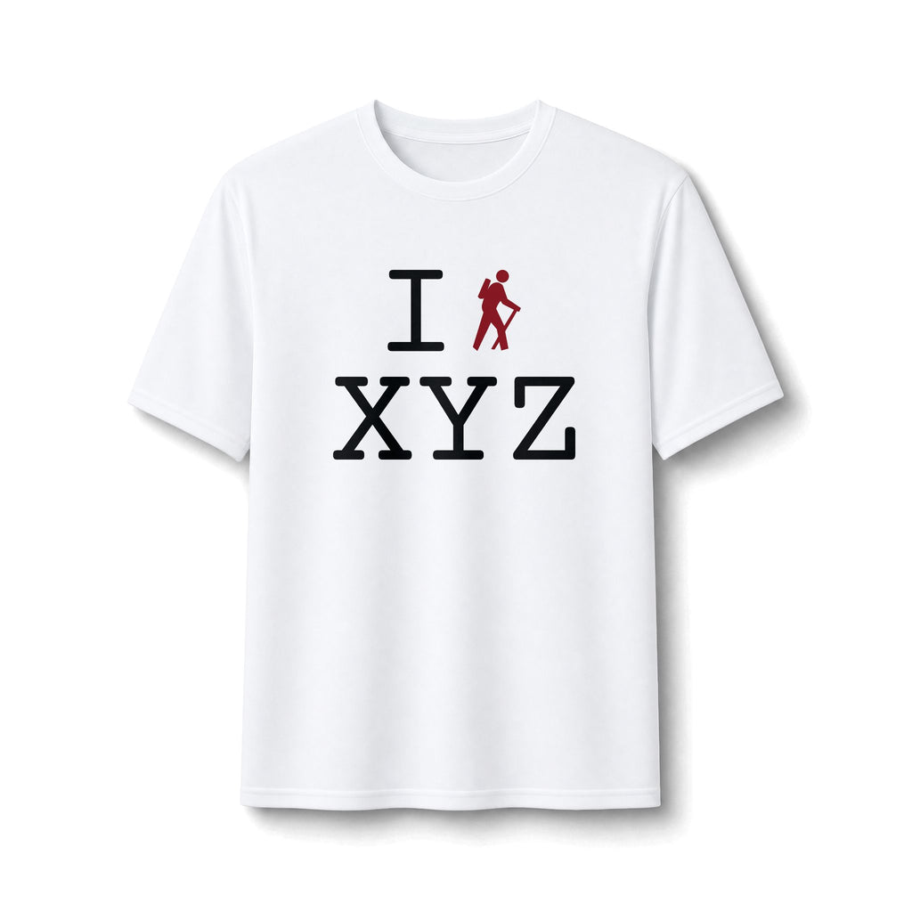 "I Hike ___" athletic T, crimson hiker