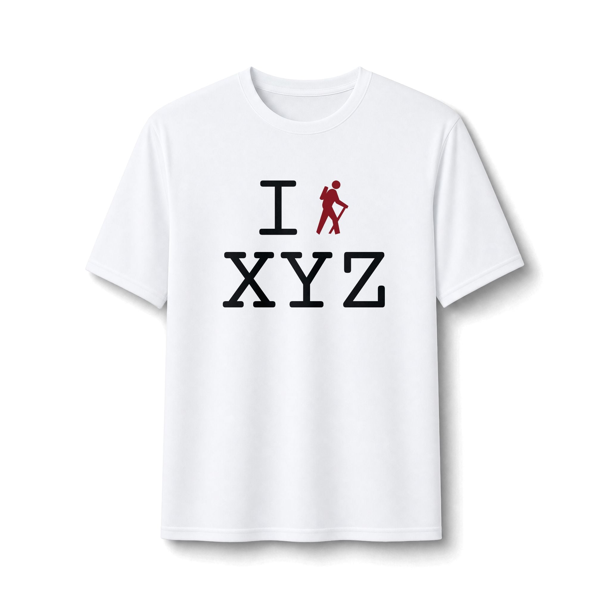 "I Hike ___" athletic T, crimson hiker