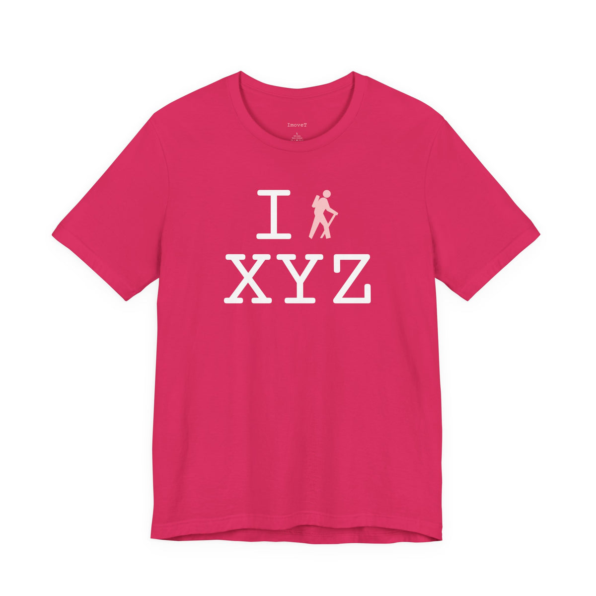 I Hike unisex T, pink hiker