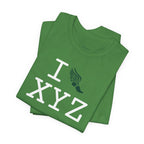 I Run unisex T, dark green logo