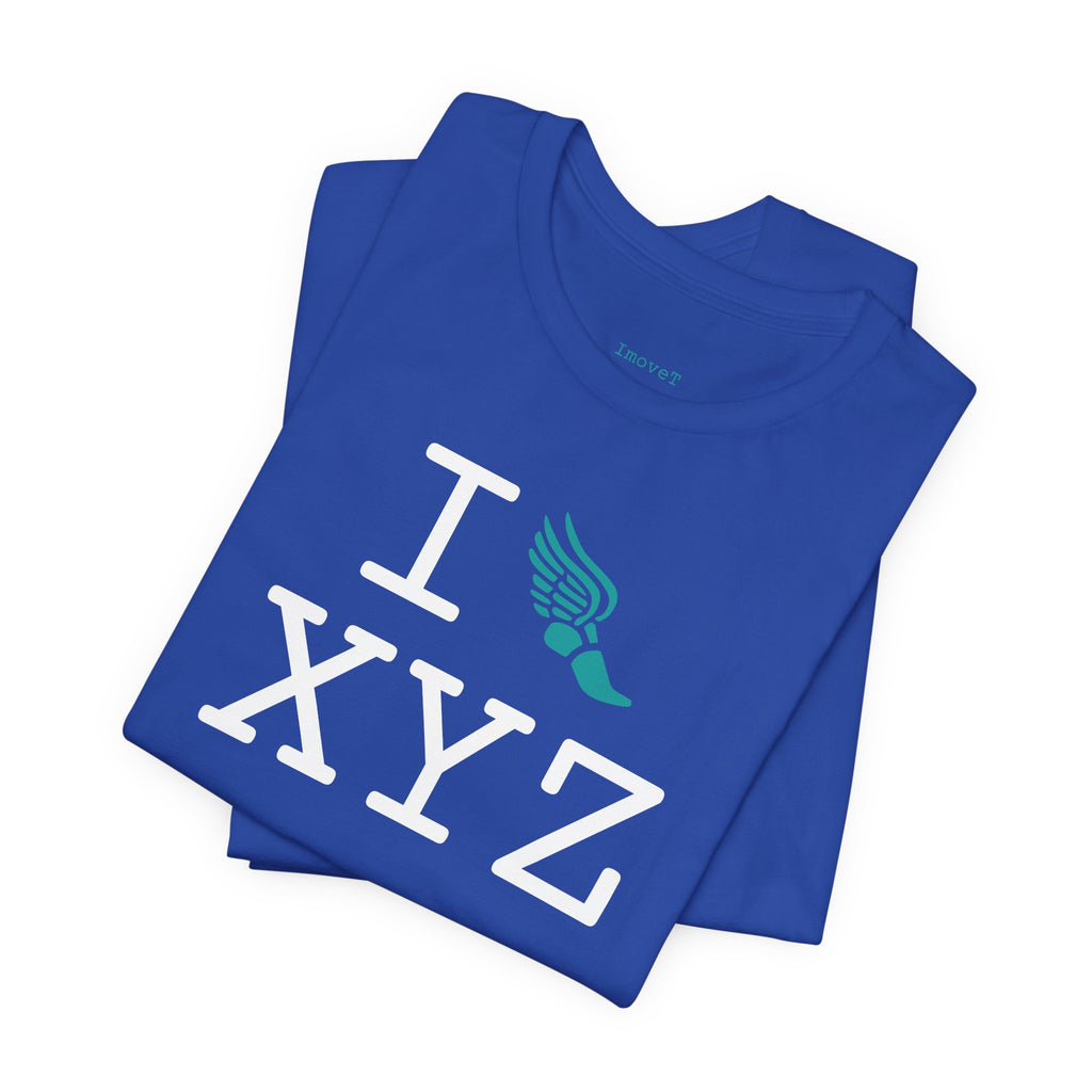 I Run unisex T, teal logo