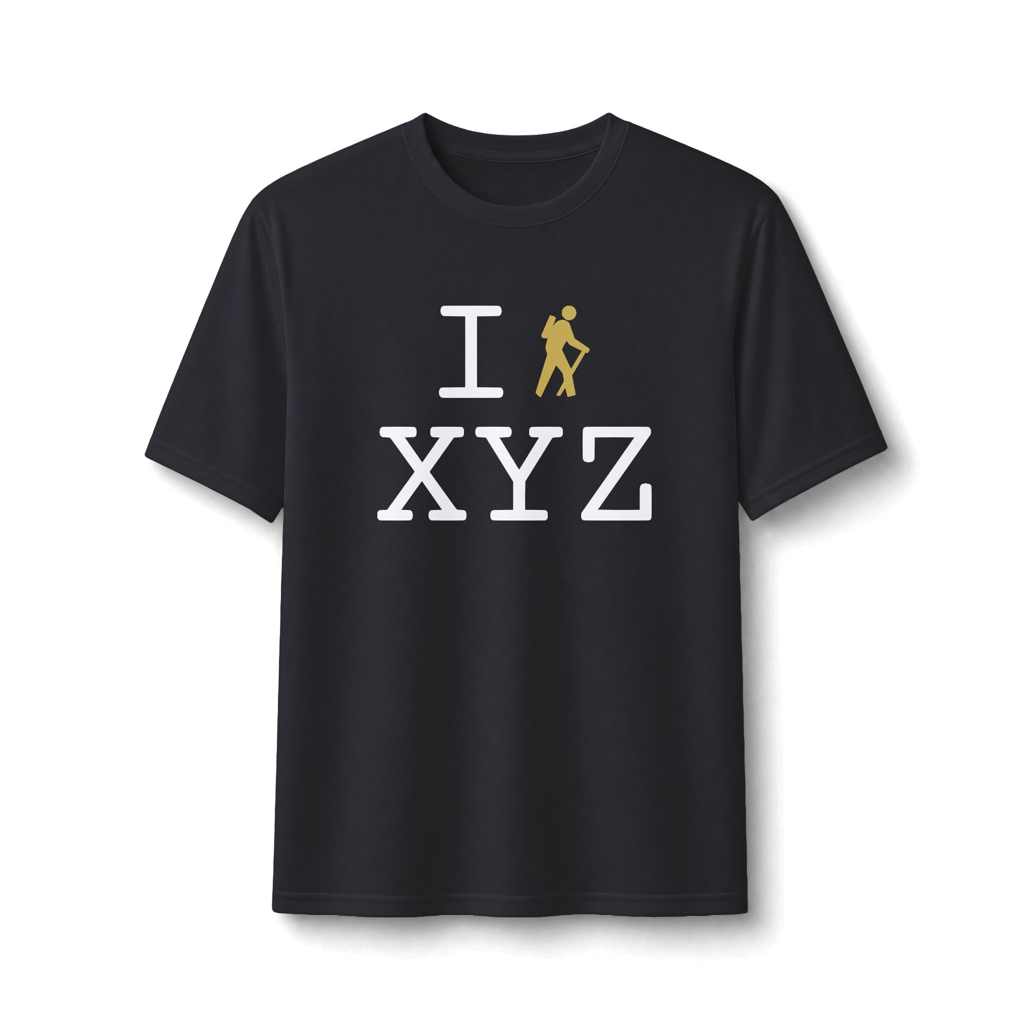 "I Hike ___" athletic T, gold hiker