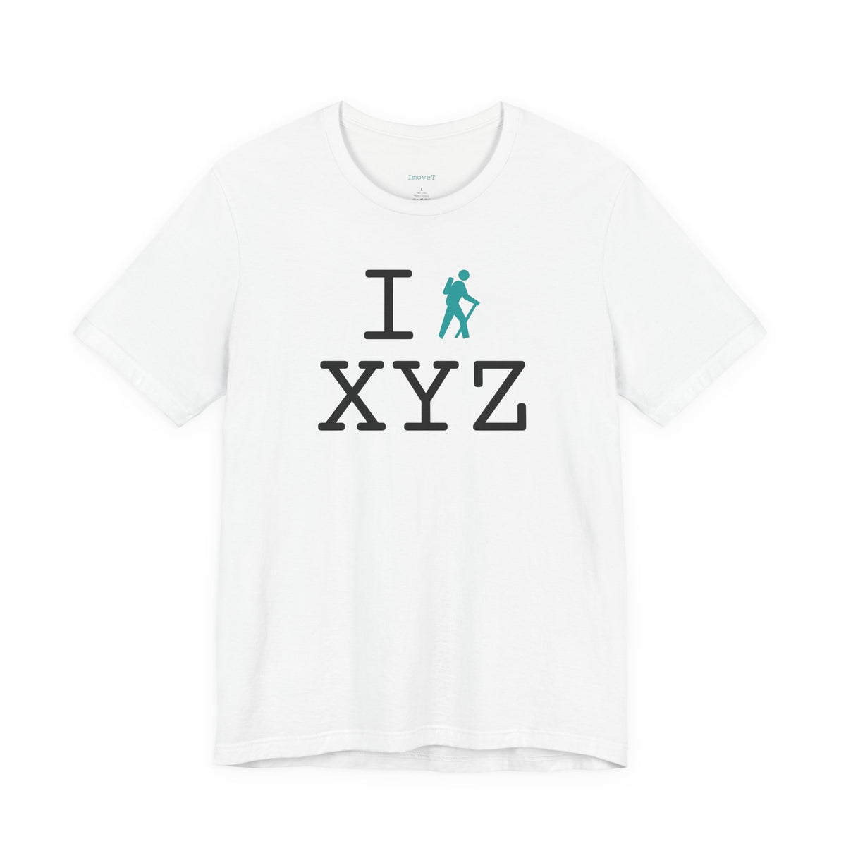 I Hike unisex T, teal hiker