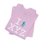 I Hike unisex T, teal hiker
