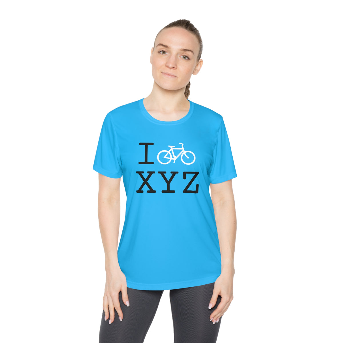 I Bike women's athletic T, white bike