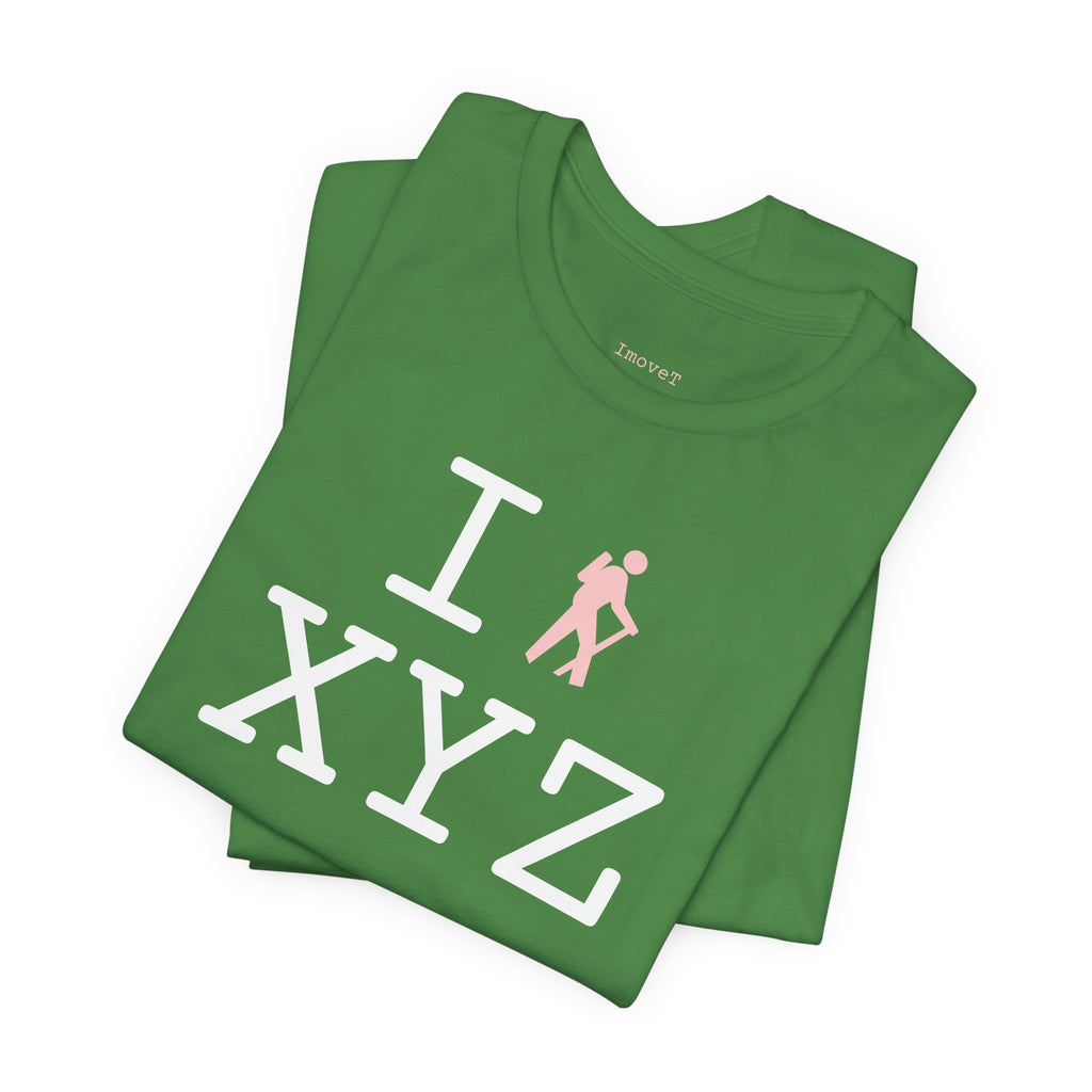 I Hike unisex T, pink hiker