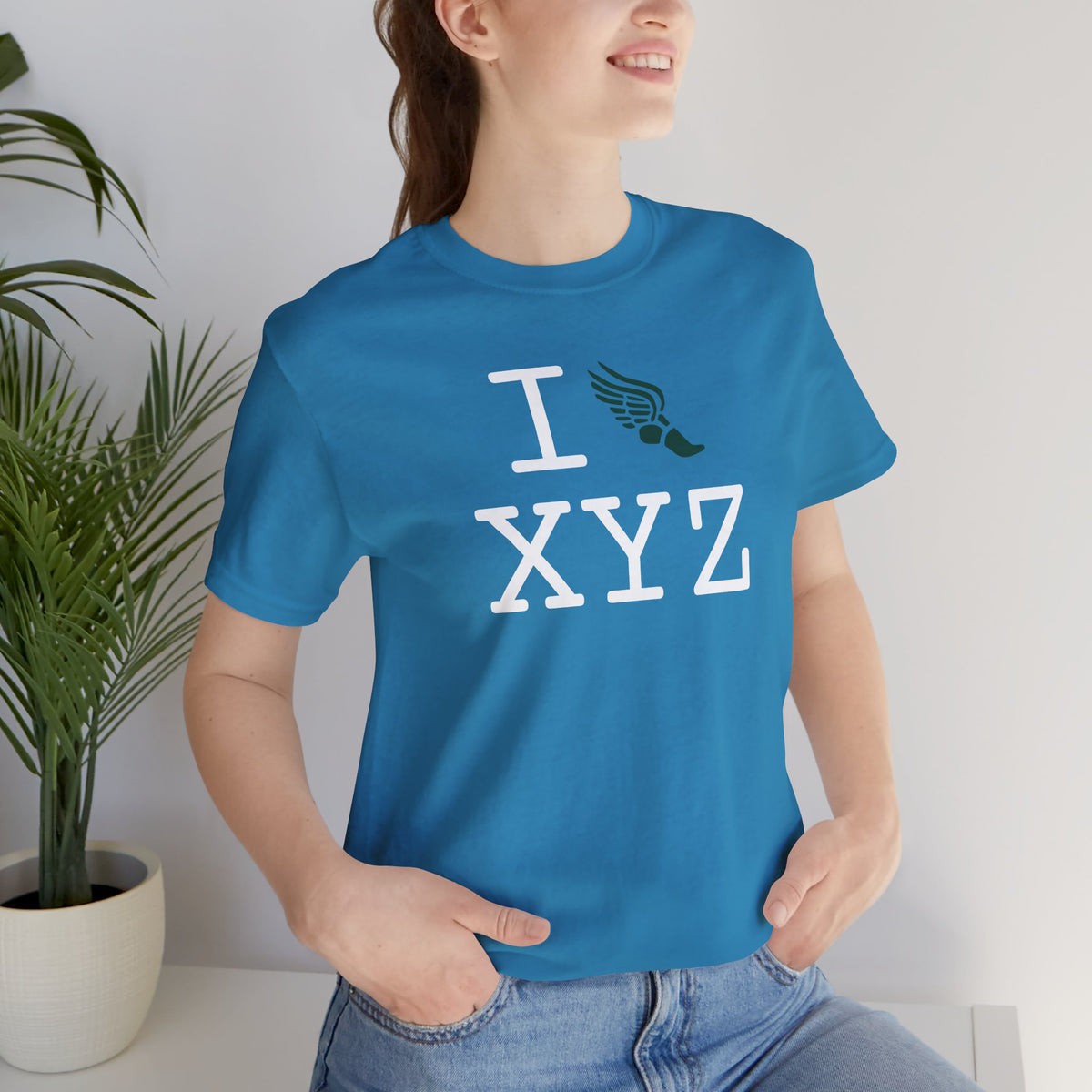 I Run unisex T, dark green logo