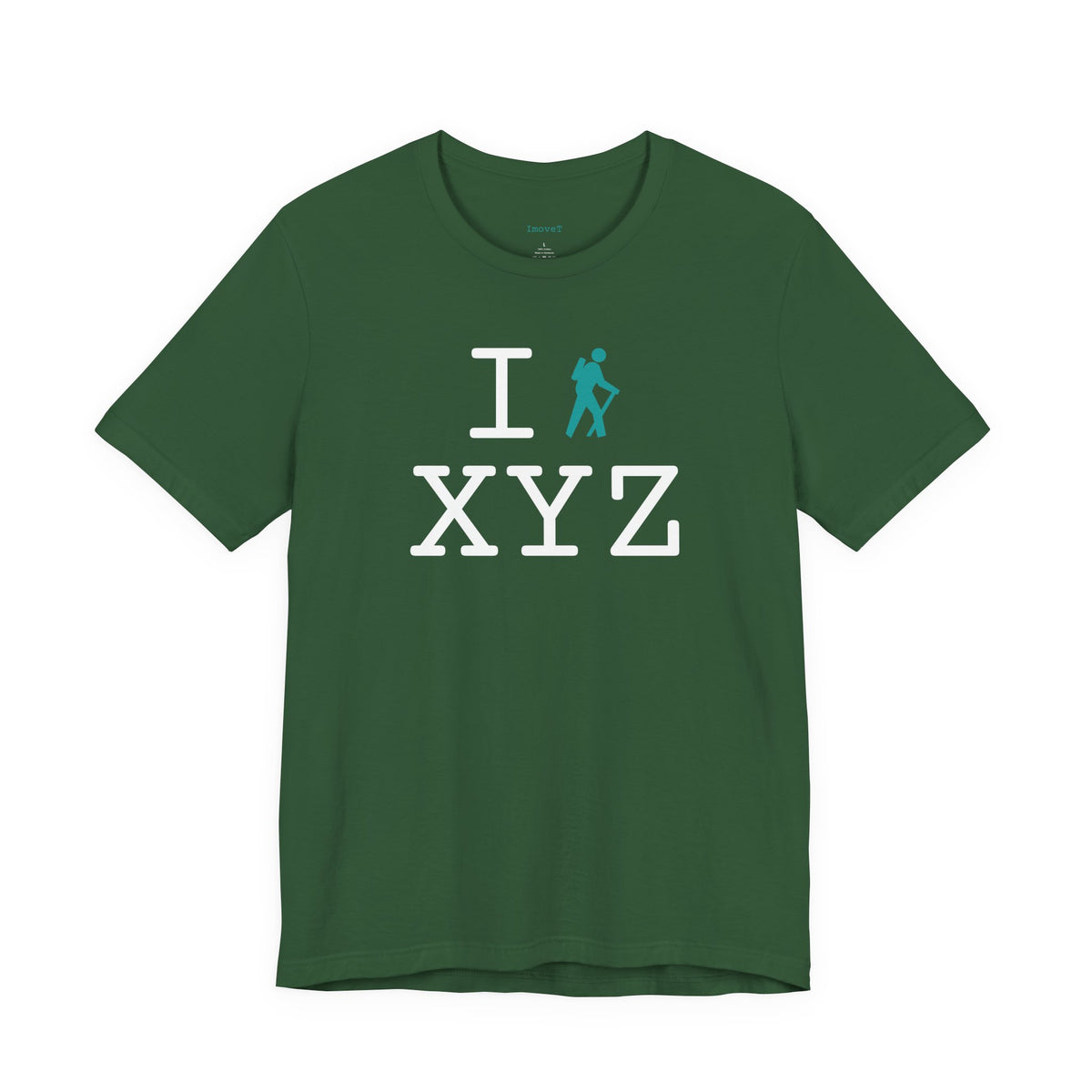 I Hike unisex T, teal hiker