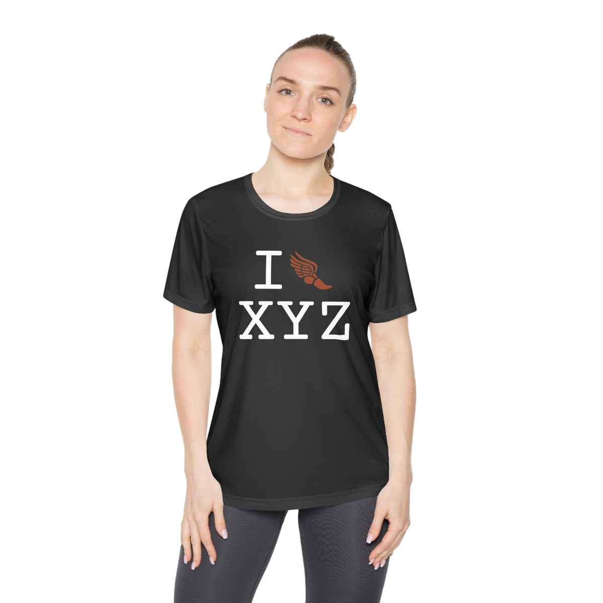 I Run women's athletic T, dark orange logo
