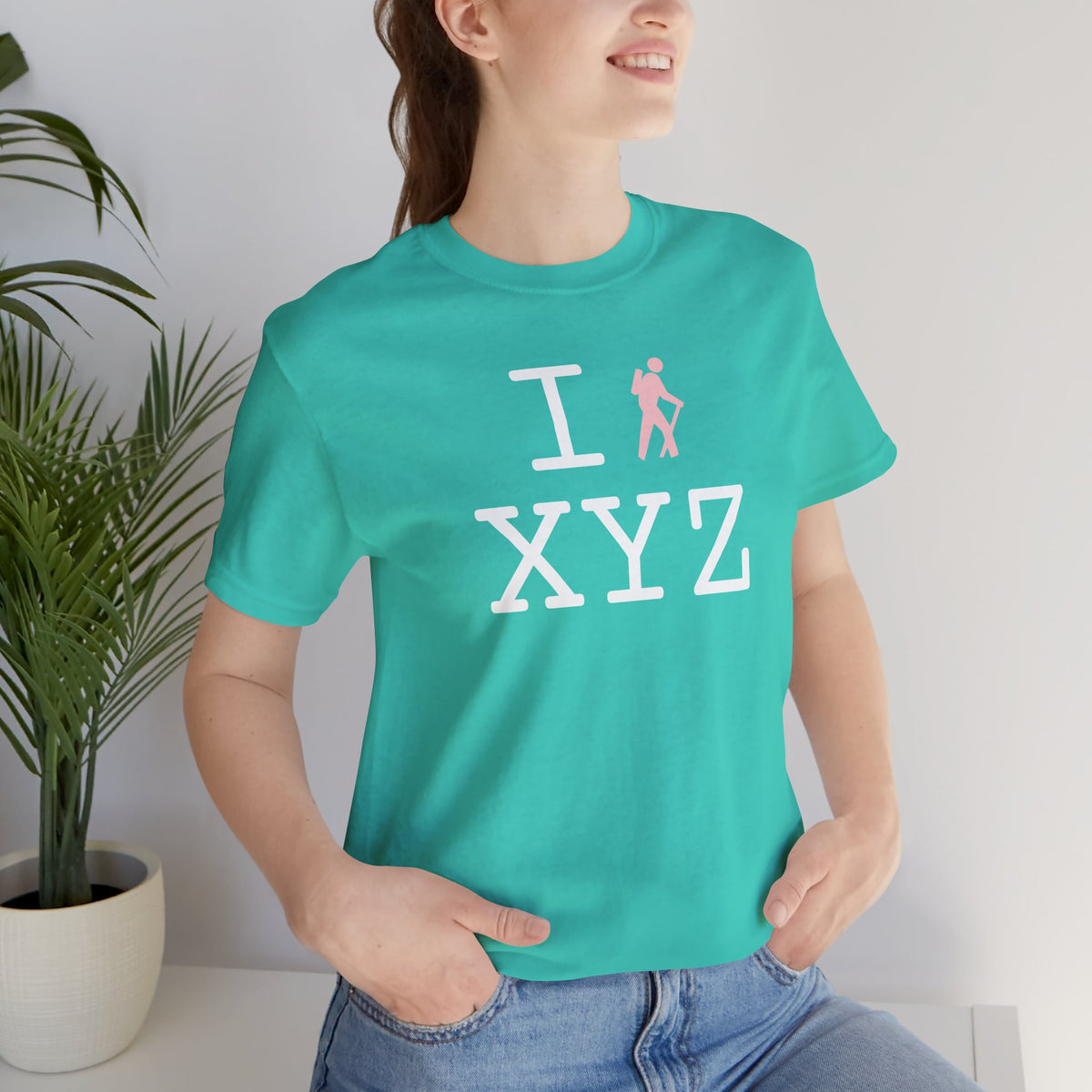 I Hike unisex T, pink hiker