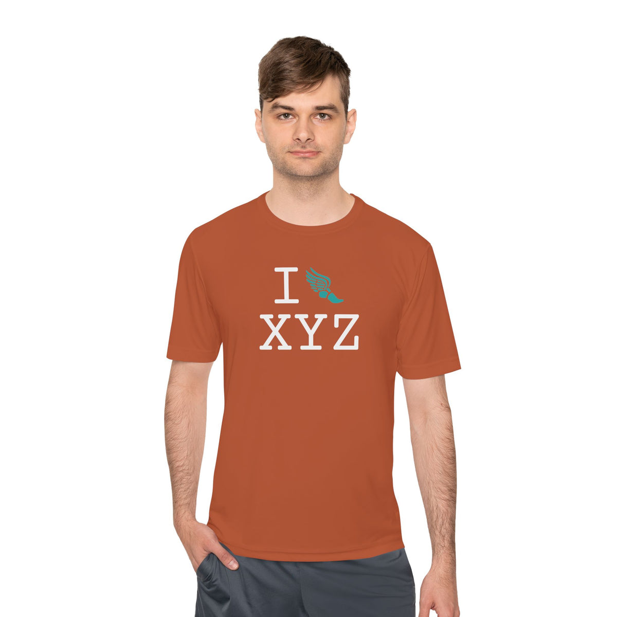 I Run athletic T, teal logo