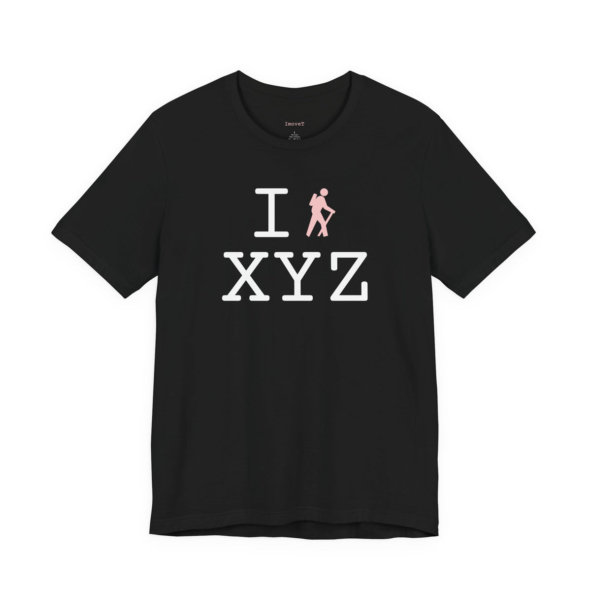 I Hike unisex T, pink hiker
