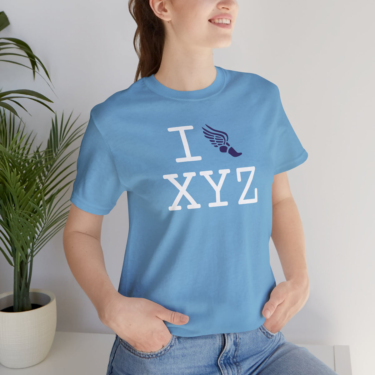 I Run unisex T, purple logo