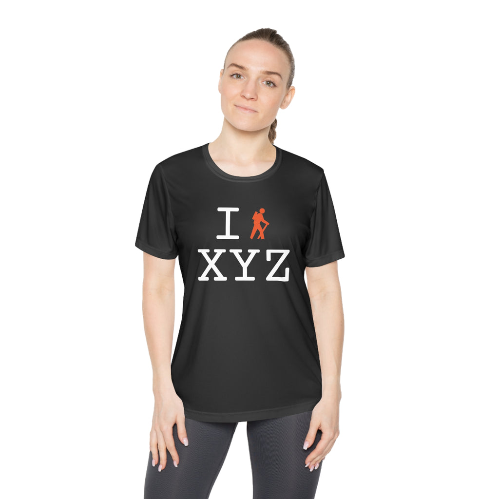 I Hike women's athletic T, orange hiker