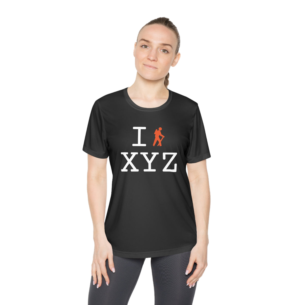 I Hike women's athletic T, orange hiker