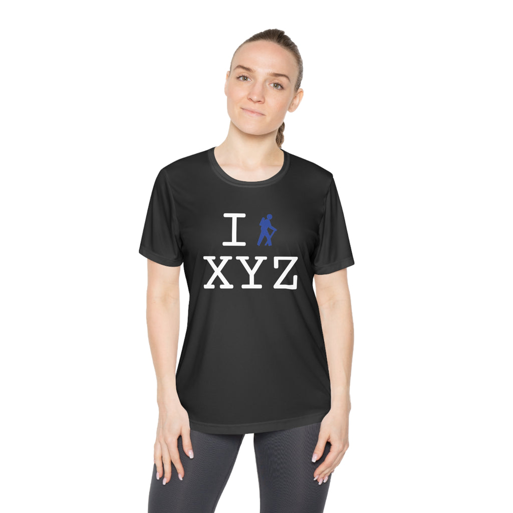 I Hike women's athletic T, blue hiker