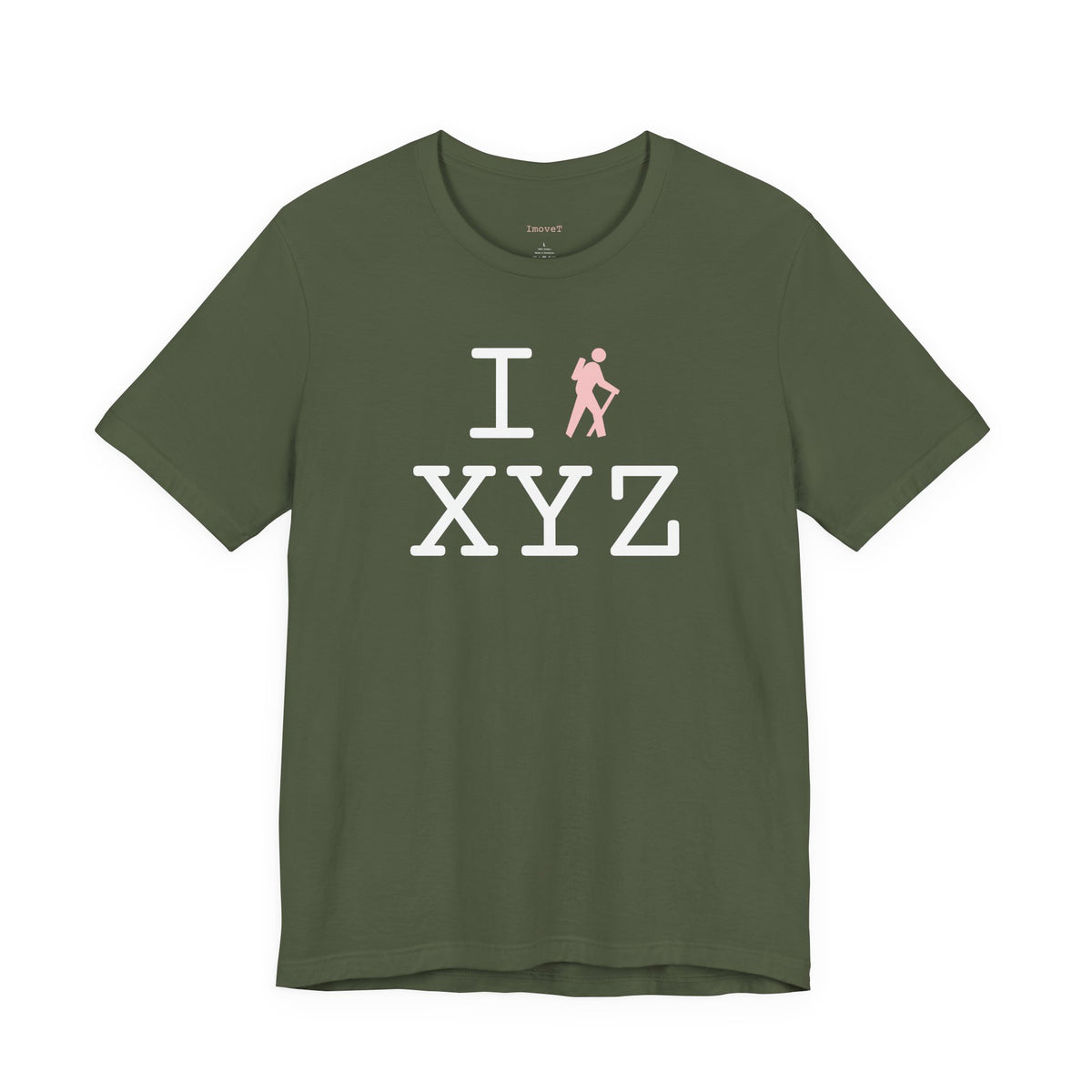 I Hike unisex T, pink hiker