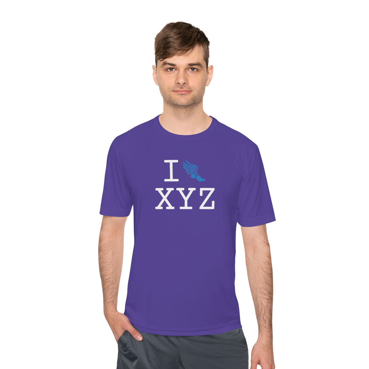 I Run athletic T, light blue logo