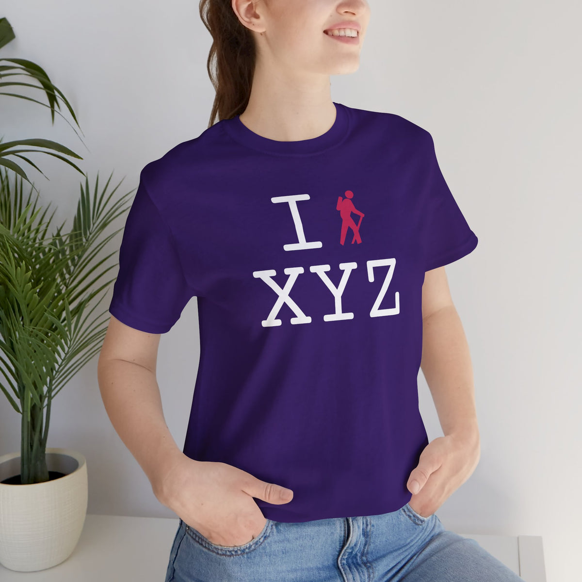 I Hike unisex T, hot pink hiker