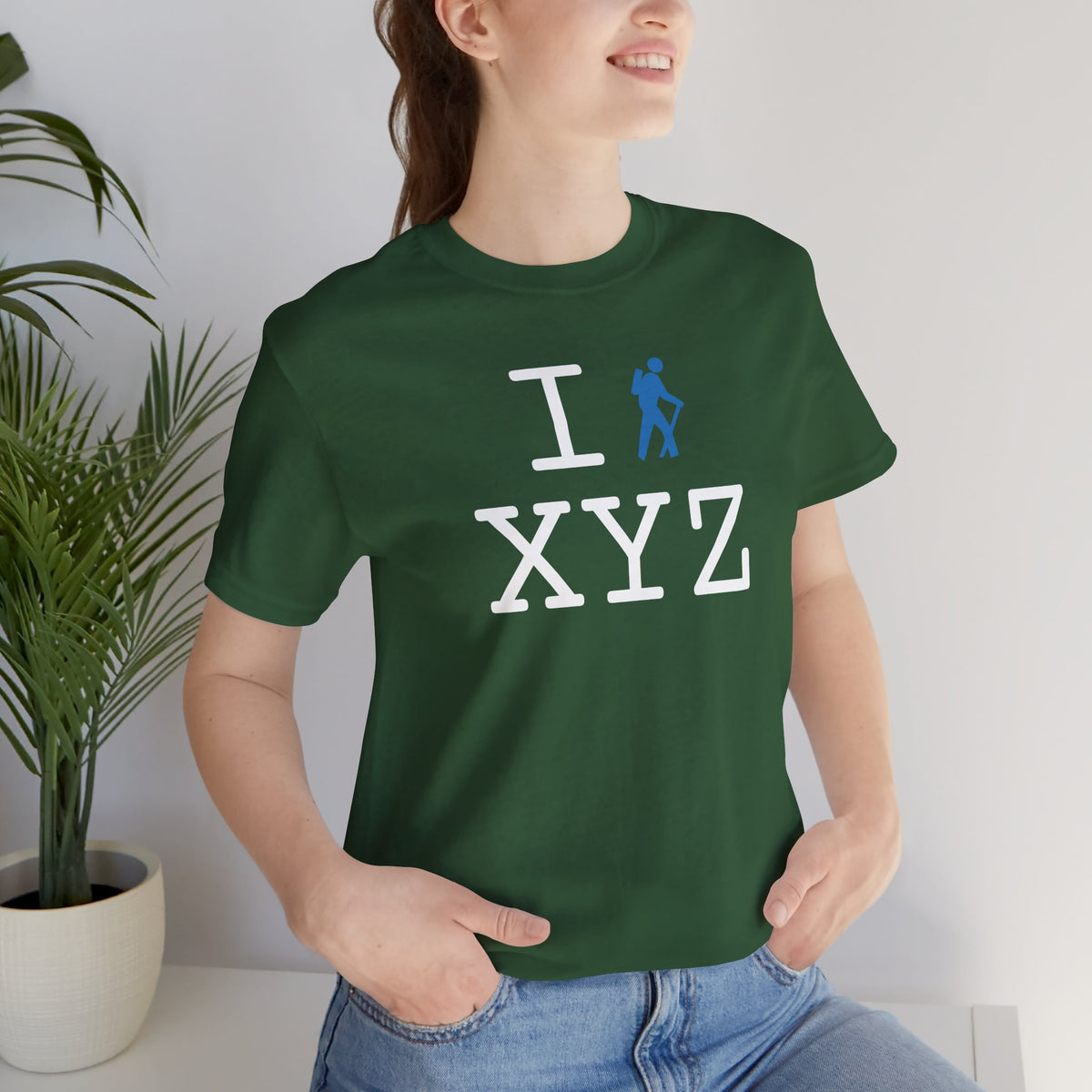 I Hike unisex T, light blue hiker