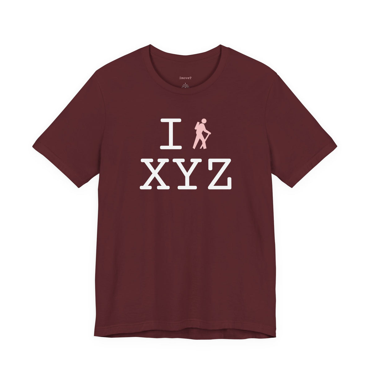 I Hike unisex T, pink hiker