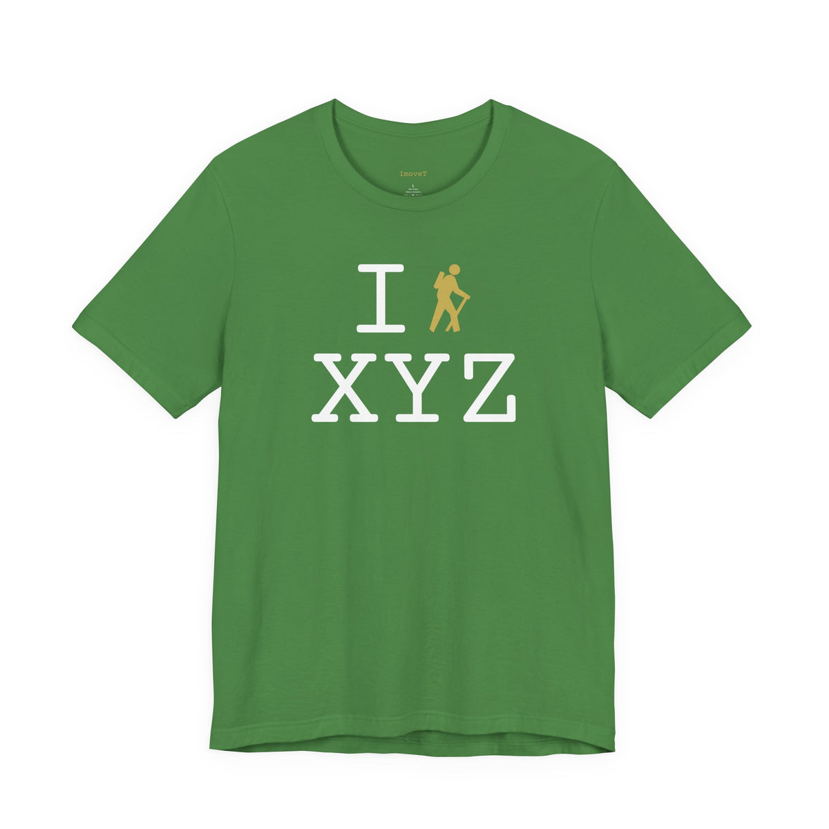 I Hike unisex T, gold hiker