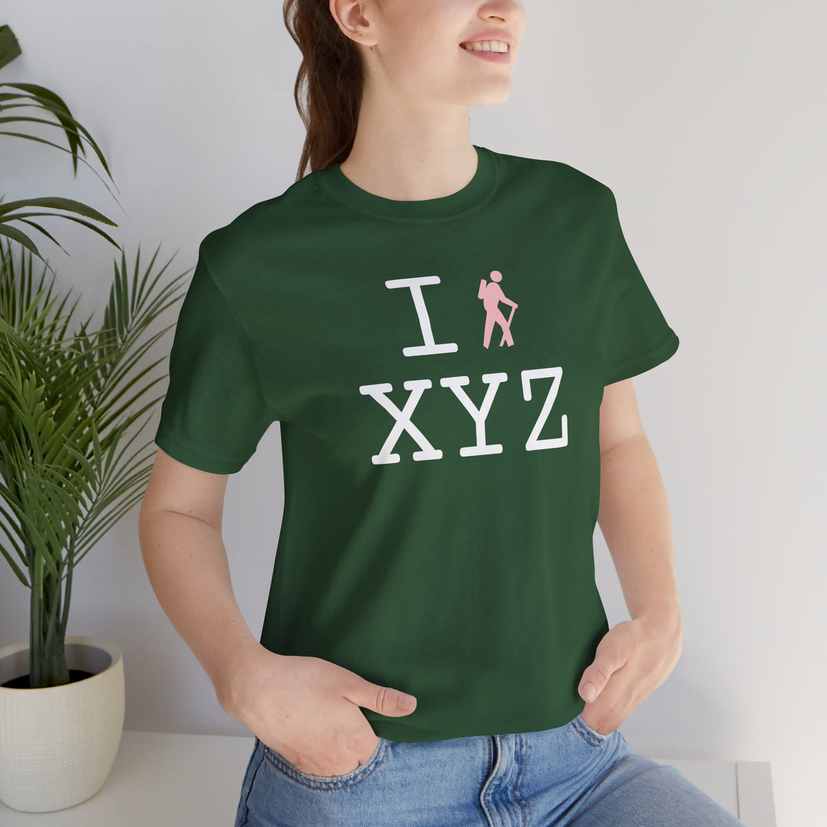 I Hike unisex T, pink hiker