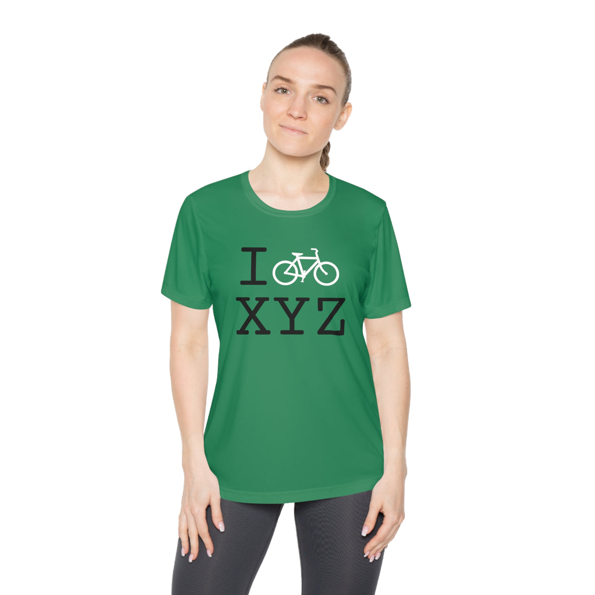 I Bike women's athletic T, white bike