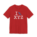 I Run unisex T, light blue logo