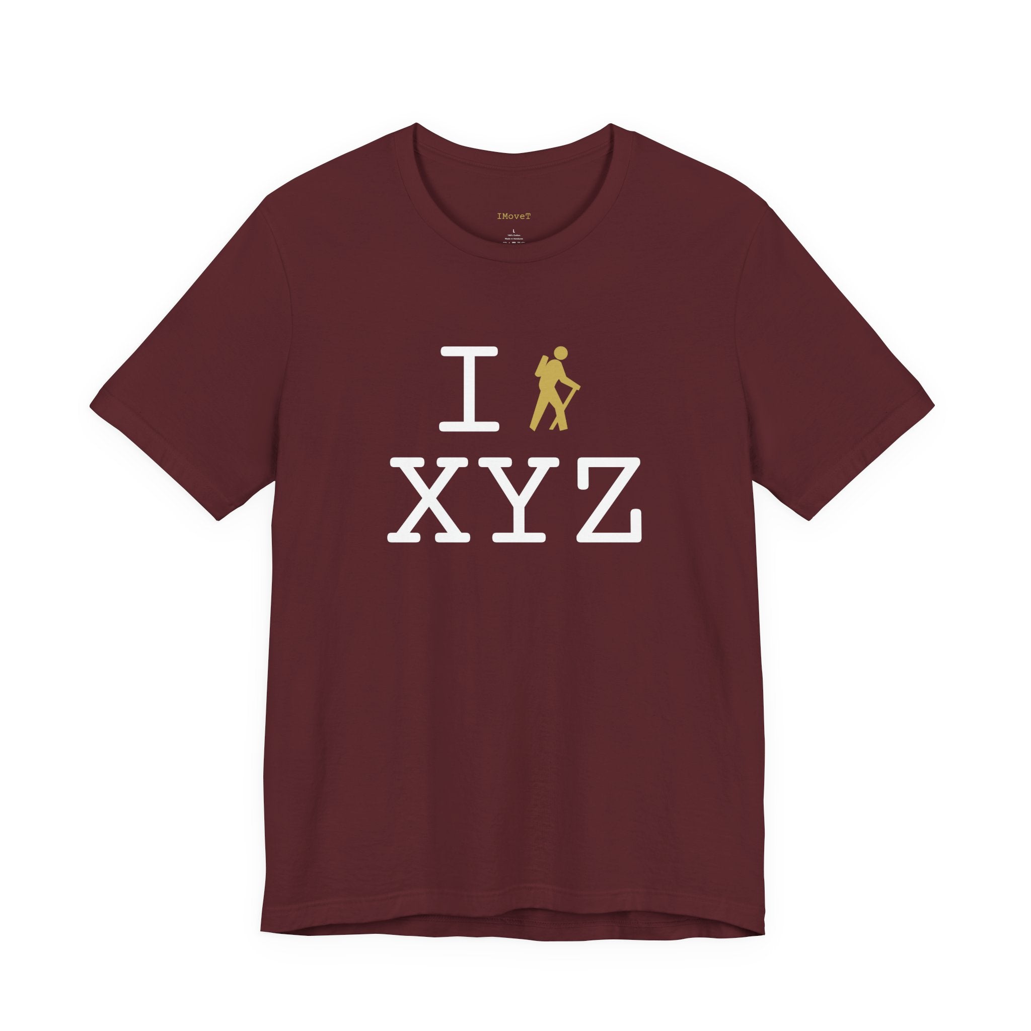 I Hike ___ unisex T, gold hiker