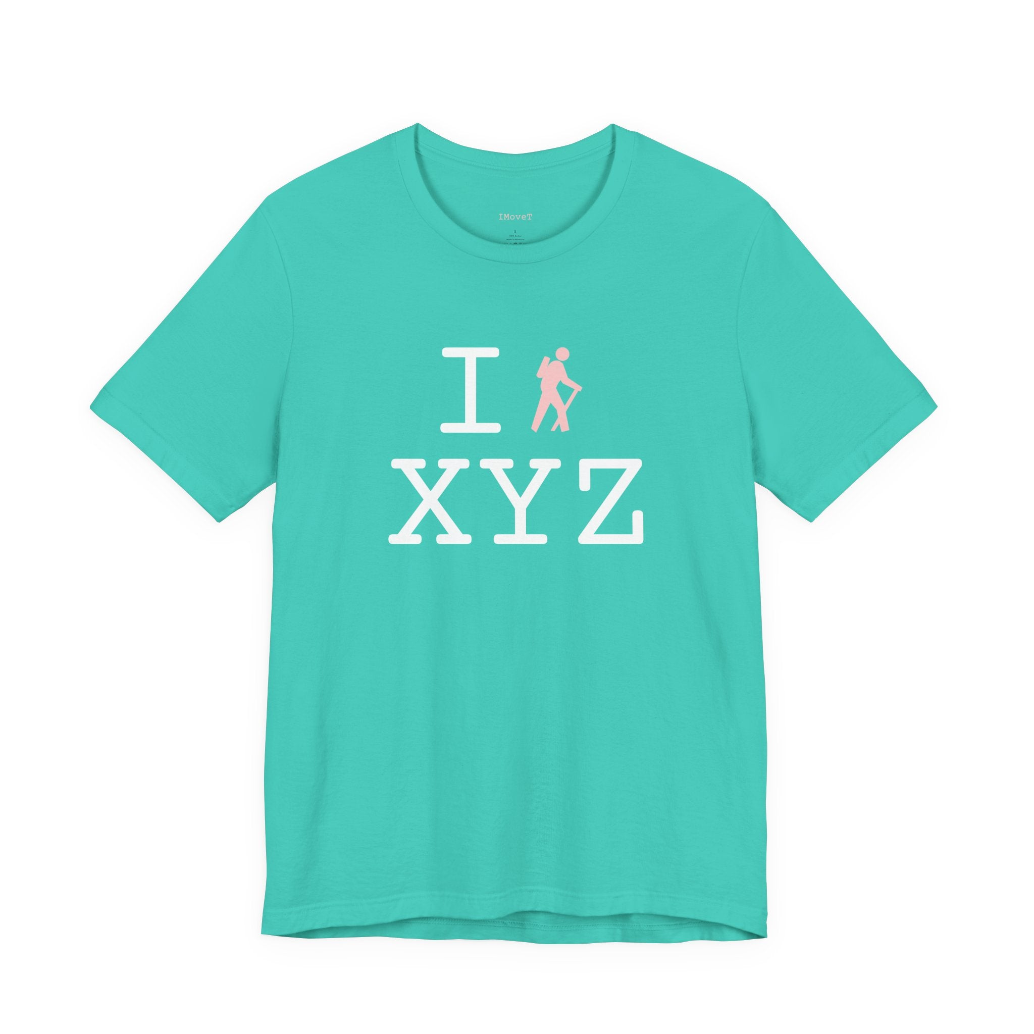 I Hike ___ unisex T, pink hiker
